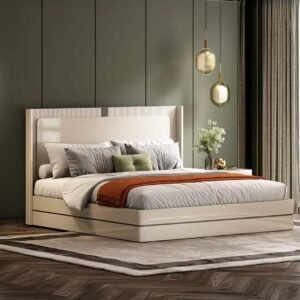 ComfortLuxLiving low profile upholstered king size bed in high gloss beige finish for modern bedroom