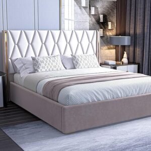 ComfortLuxLiving modern upholstered queen size bed with box storage in brown white finish made from Sheesham wood